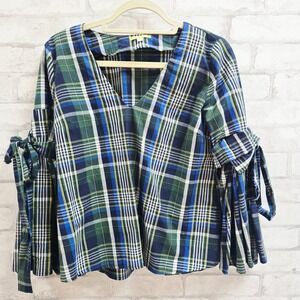 Gianni Bini Blue Green Plaid V-Neck Top with Tie Bell Sleeves Size S